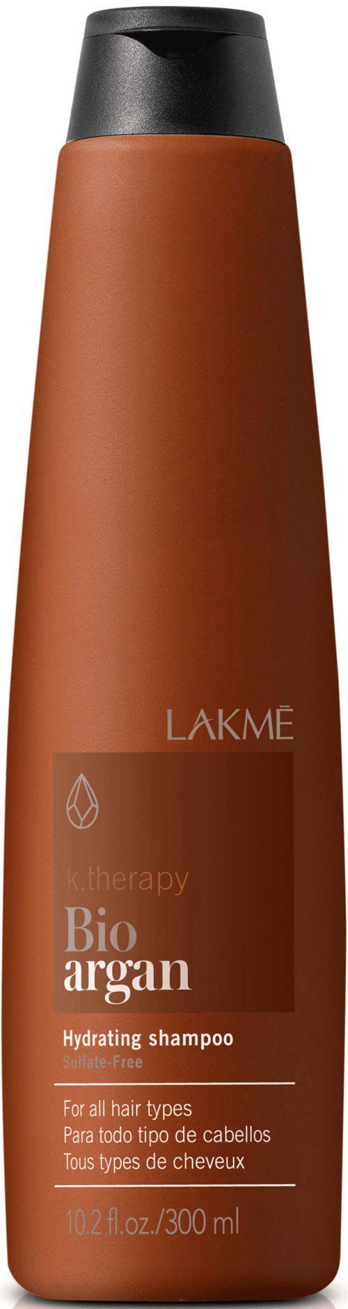Een bruin flesje met een zwarte dop, gelabeld Bio Argan hydraterende shampoo voor alle haartypen.