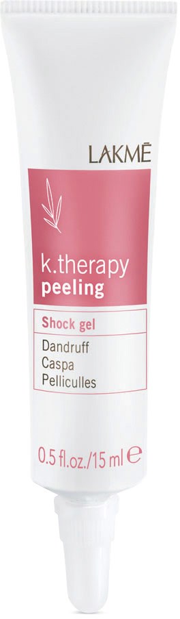 En hvit tube med Lakme K.therapy Peeling Shock Gel for flass og hodebunnsproblemer.