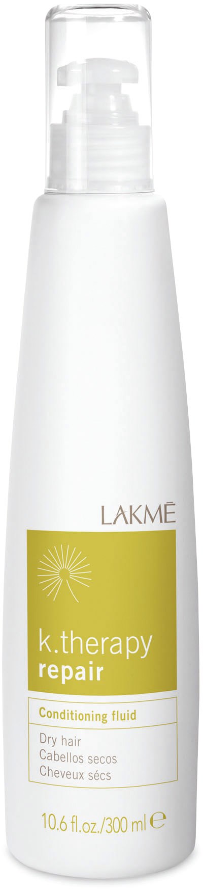 En hvit flaske med pumpespray for hårbehandling, merket 'k.ttherapy repair' for tørt hår, inneholder 10,6 fl oz.