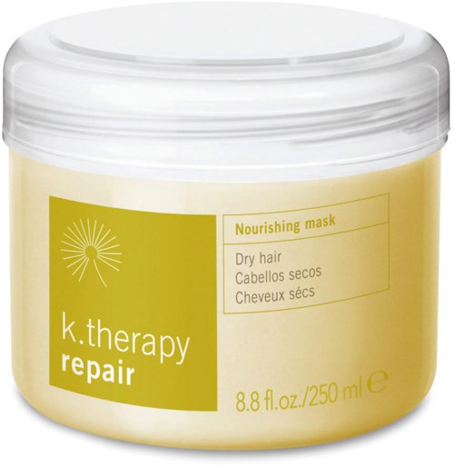 En gul og hvit krukke merket "K.therapy repair" inneholder nærende maske for tørt hår, 8,8 fl oz (250 ml).