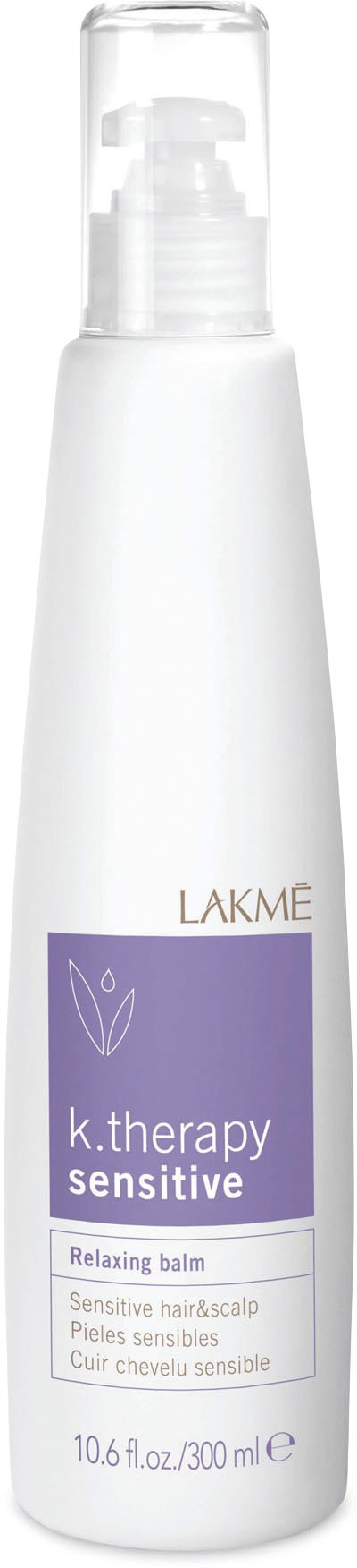 En vit flaska med en lila etikett, märkt 'K.therapy Sensitive' för känslig hår och hårbotten, 10,6 fl oz.