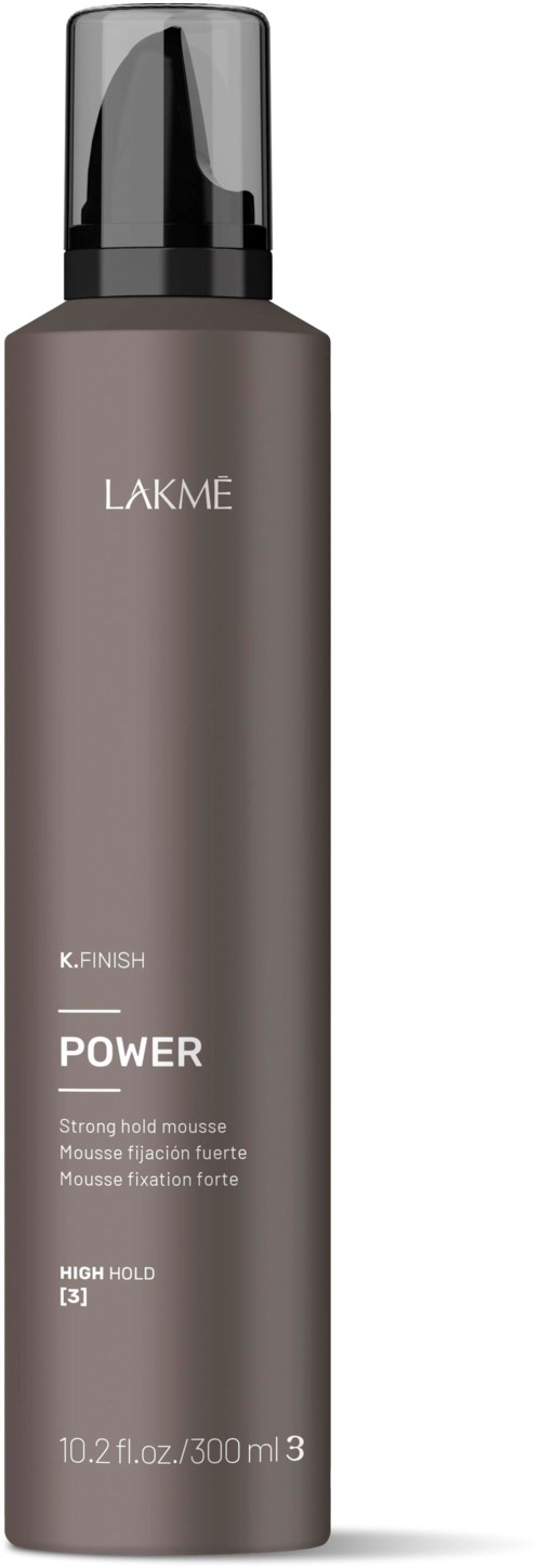 En lang grå flaske med svart lokk, merket Lacme Power Max Hold hårmousse.