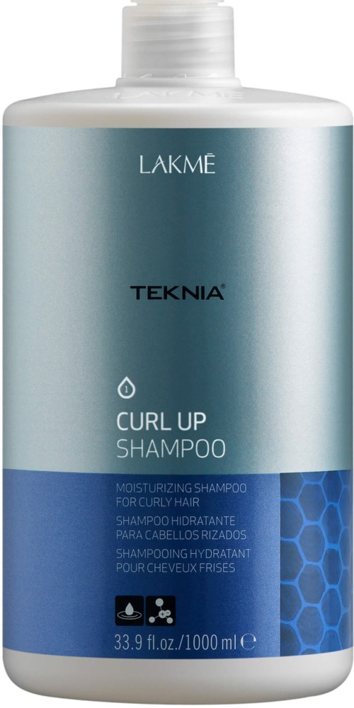 En vit och blå flaska med TEKNIA Curl Up Shampoo för lockigt hår, 33,9 fl oz. Fuktgivande och återfuktande formel.