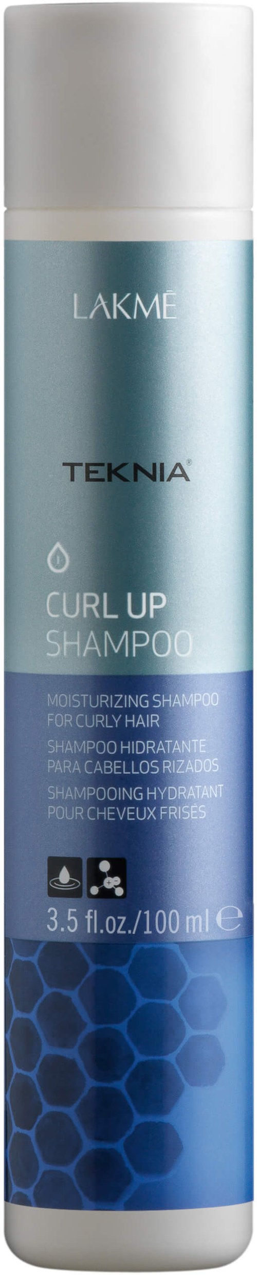 En lang, cylinderformet flaske mærket 'TEKNA CURL UP SHAMPOO' med blå bikage- og gradientdesign.