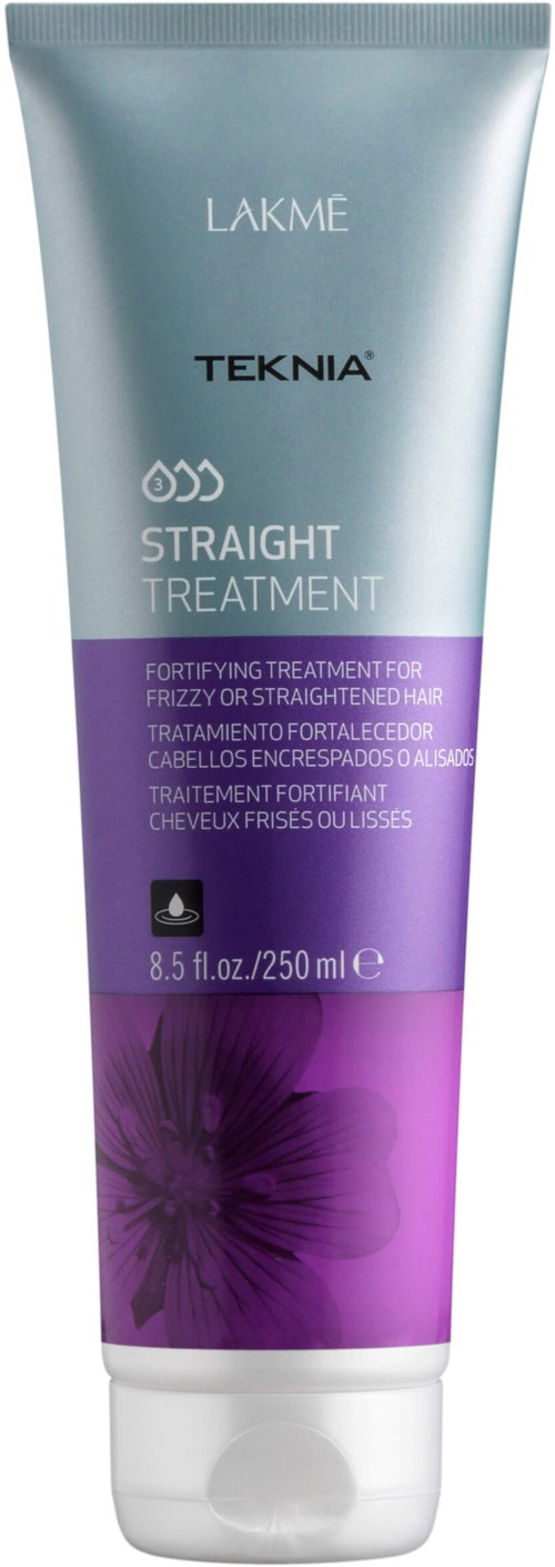 Ett rör med Lakme Teknia Straight Treatment-schampo för frizzigt eller rakt hår, med lila och silver design.