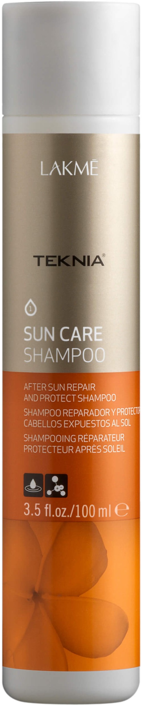 En lång, cylindrisk flaska av Lakme Teknia Sun Care Shampoo med orange och beige färger och text på etiketten.