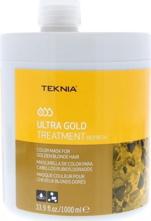 Gul etikett på vit flaska visar Teknia Ultra Gold Behandling för blont hår. Innehåller 33,9 fl oz. Frisk färgmask.
