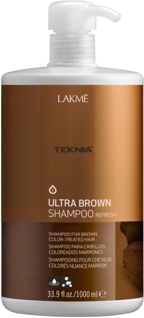 Brun schampo för färgbehandlat hår i en vit flaska med pump, brun etikett med text, 33,9 fl oz.