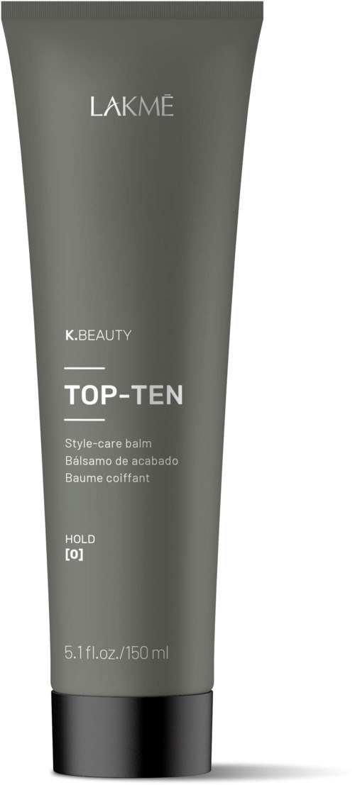 Gray tube with black cap, labeled 'LAKME Top-Ten' for hair styling, holds 150 ml.