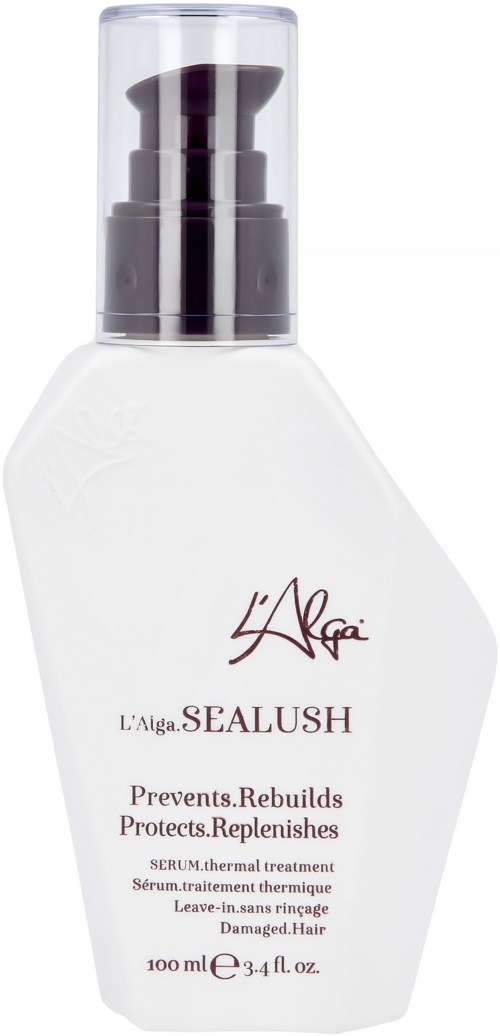 En vit flaska med svart pump och genomskinlig kork, märkt 'L'Aiga SEALUSH' för skadat hår.