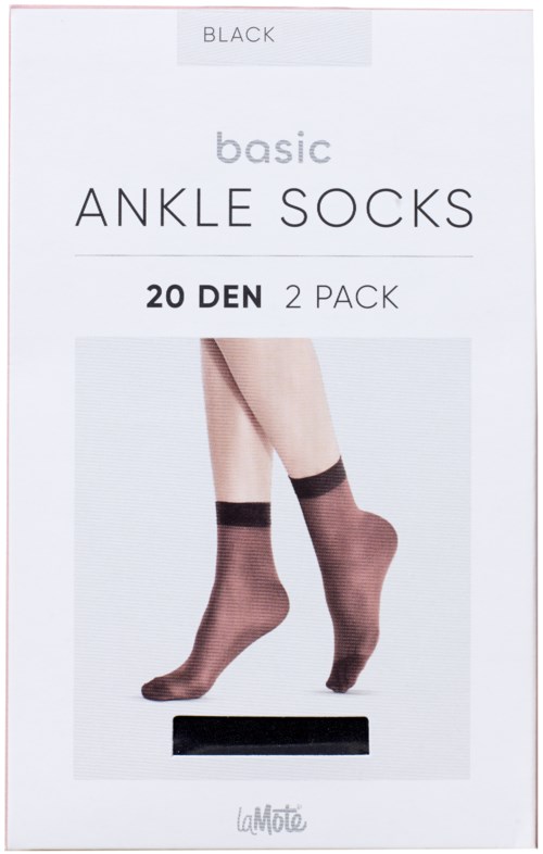 A box contains two pairs of black ankle socks, with an image of legs wearing them.