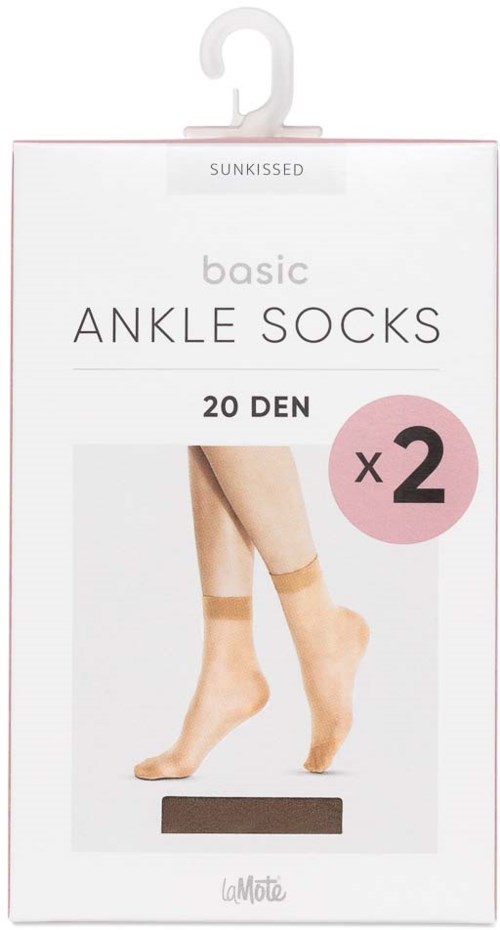Box of two ankle socks made of 20 denier material, soft beige color, with an illustration of a foot wearing socks.