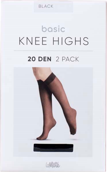 A package of black knee-high stockings showing a model's leg. The box says basic knee highs, 20 denier, 2 pack.