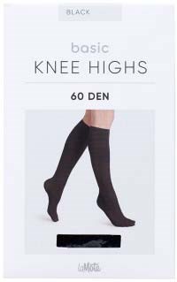 A packaging label for knee-high tights, black color, 60 denier, basic style, and comfortable fit.