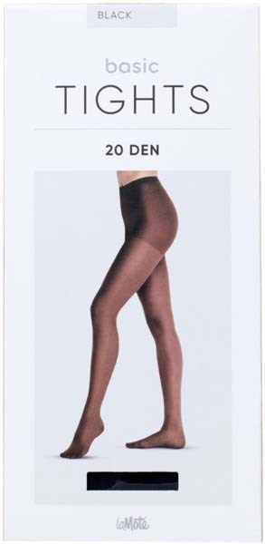 A package shows black basic tights, size 20 DEN, on a person's legs.
