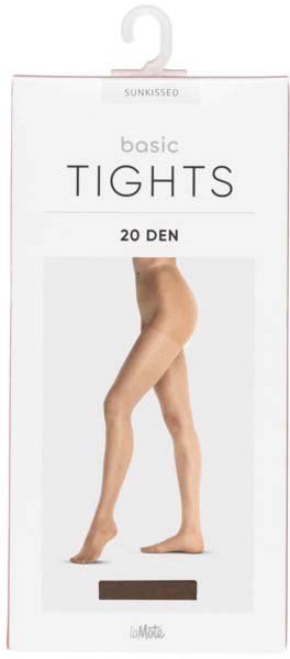 En låda visar en kvinna som bär beige tights och står med ett ben framåt.