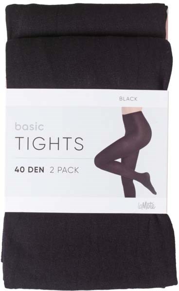 Package of two black tights, each made of 40 denier material, with a photo of legs wearing tights.