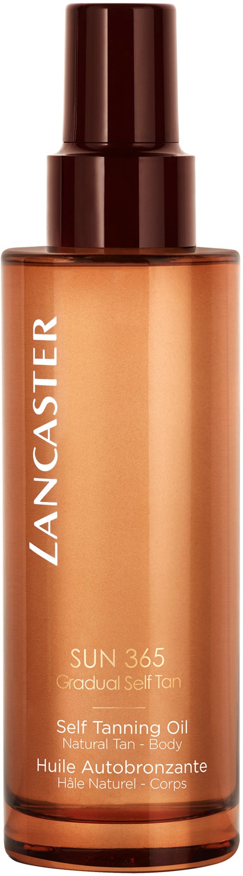 En brun sprayflaske mærket Lancaster Sun 365 Self Tanning Oil, brugt til at opnå en naturlig tan.