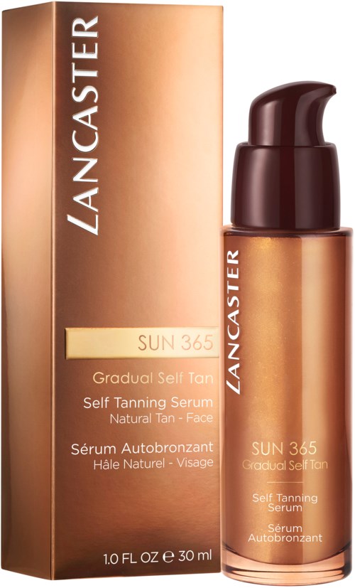 Lancaster Sun 365 Selvbruningsserum kommer i en flaske med pumpe og hovedsageligt i bronze nuancer.