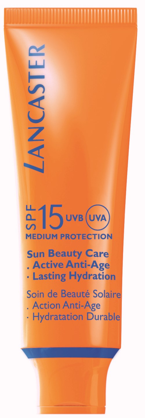 En orange solskyddstuber med blått och vitt text, som visar SPF 15, UV-skydd och hudvårdsfördelar.