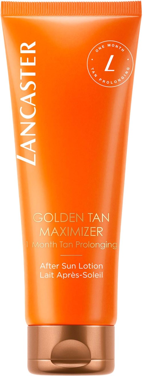 Orange tub av Lancaster Golden Tan Maximizer after sun lotion med en brun lock.
