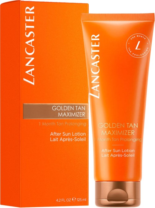 Lancaster Golden Tan Maximizer efter soldstrategi i orange tub och förpackning. Utformat för att förbättra brännan och hudvård.
