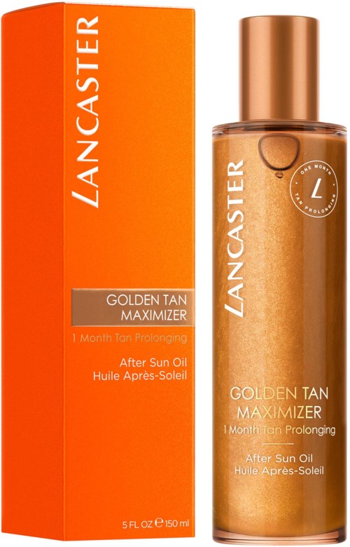 Lancaster Golden Tan Maximizer flaska och box, orange och guld färger, efter sololja för att förlänga brännan.