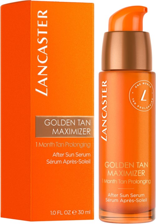 En ljus orange flaska och förpackning för Lancaster Golden Tan Maximizer efter sol serum, som främjar förlängning av solbrännan.