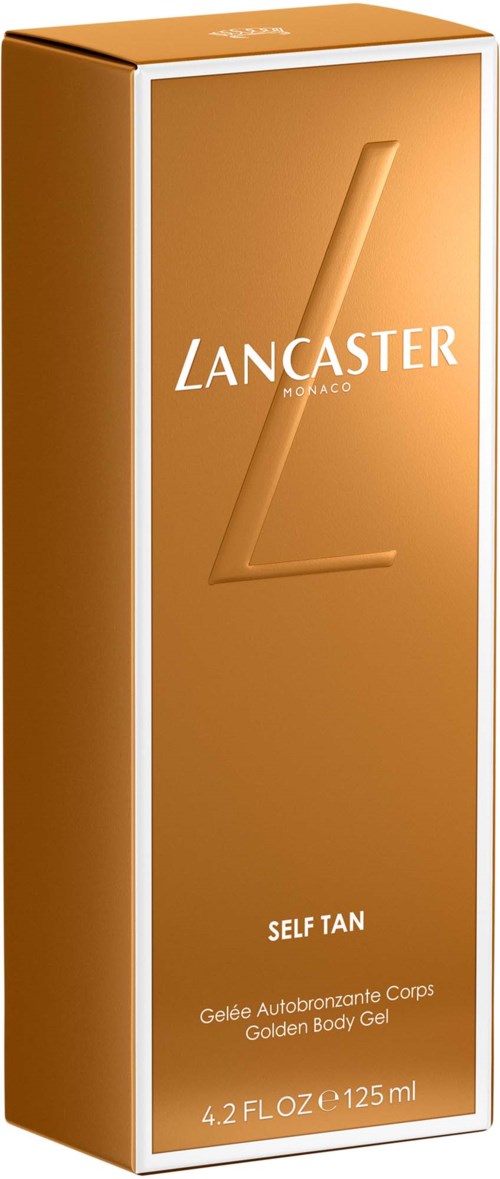 En lång, orange förpackning med Lancaster-logga för självbruningskroppsgel. Inuti, 125 ml gelbehållare.