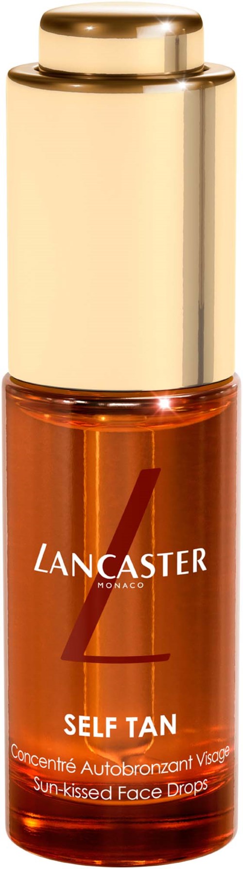 En liten flaska med guldlock och brunt vätska inuti, märkt Lancaster Self Tan, används för att få bränna på huden.
