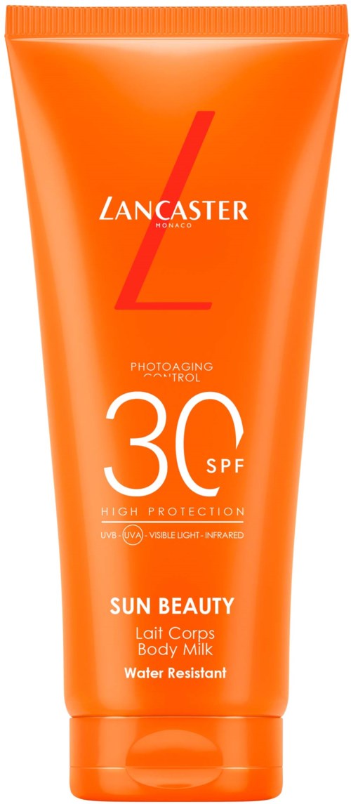 Eine orangefarbene Sonnencremetube mit der Aufschrift Lancaster Sun Beauty SPF 30, für den Körper, wasserfest, hoher Schutz und Photoaging-Kontrolle.