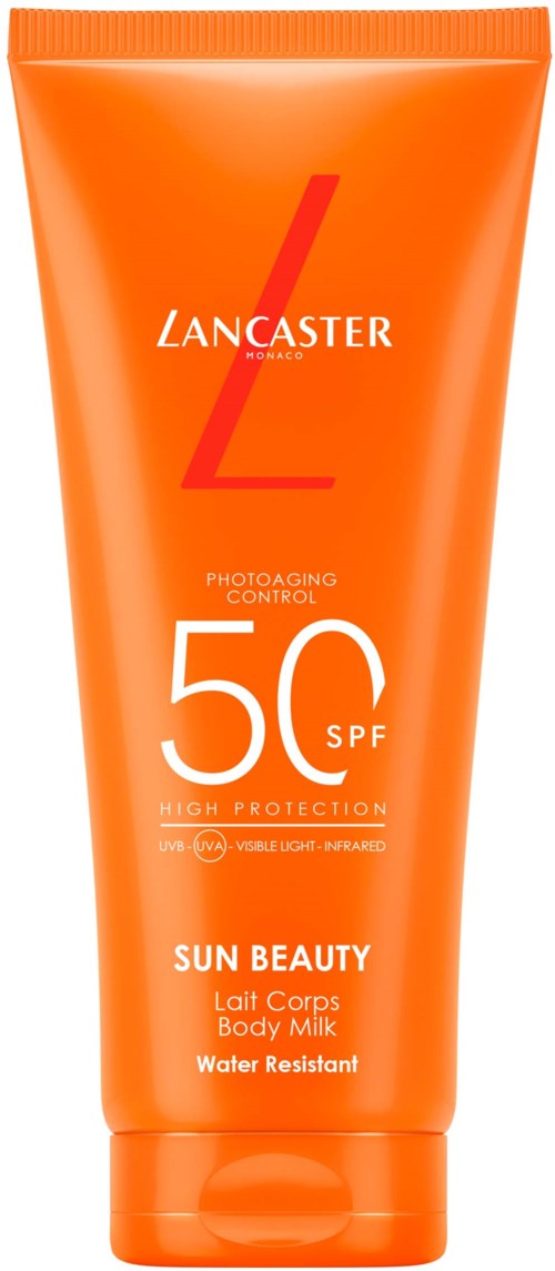 Orangene Tube von Lancaster Sun Beauty Body Milk mit SPF 50, wasserabweisend, hoher Schutz und leichte Textur.