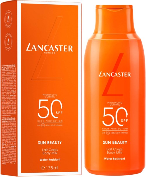 Lancaster Sonnencremeflasche und Packung sind orange mit weißem Text und großer Zahl 50 SPF.