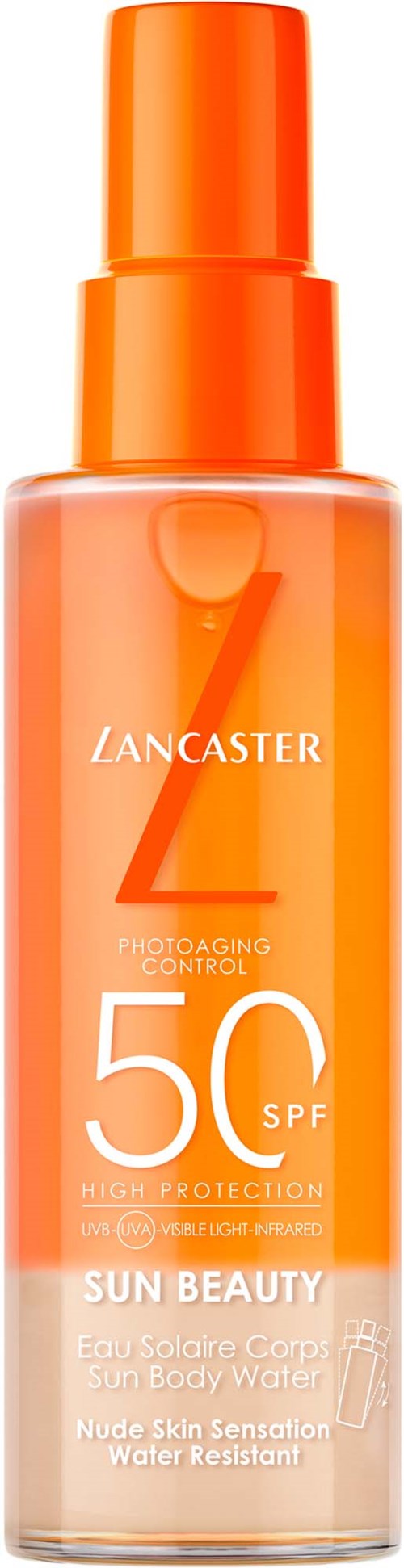 Eine Flasche Sonnencreme mit SPF 50, mit hohem Schutz und wasserfest.