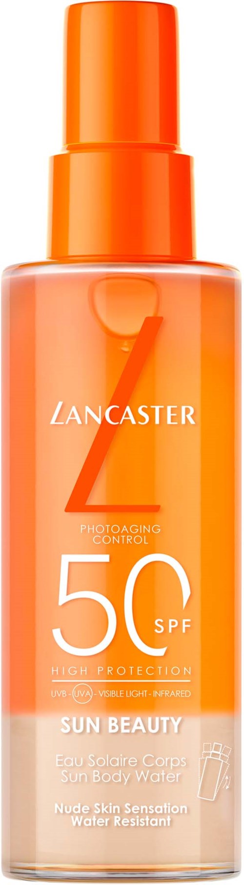 Eine orangefarbene Sprühflasche mit SPF 50, gekennzeichnet Lancaster Sun Beauty, für Sonnenschutz und wasserfestes Hautpflege.