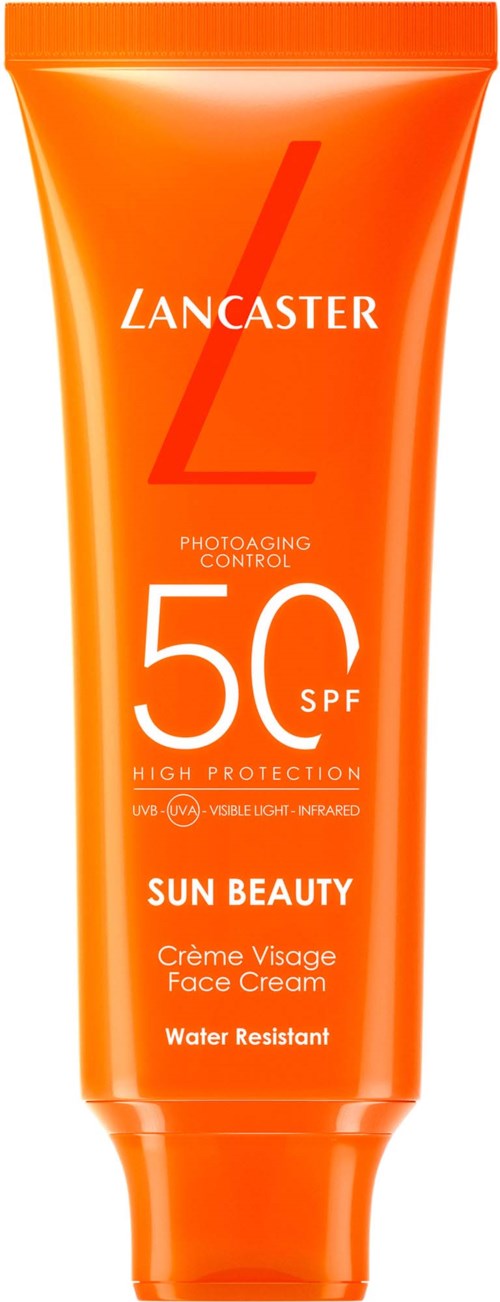 Orange tub med Lancaster solskyddsfacekräm med SPF 50 och vattenresistens.