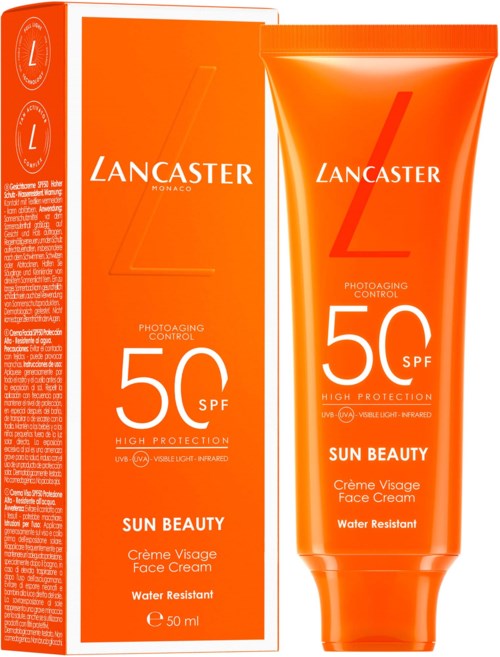 Ljusorange tub och box för Lancaster Sun Beauty ansiktskräm med SPF 50, vattenresistent, för hög solskydd.
