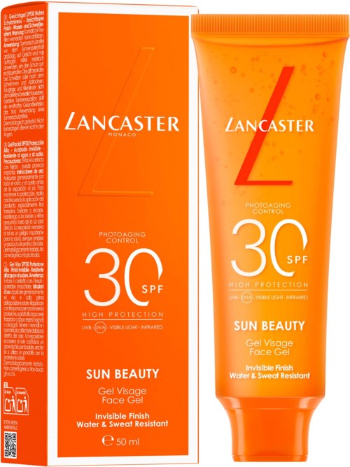 Oranssi putkilomainen ja pakkaus Lancaster Sun Beauty kasvo-geelille, SPF 30, teksti korostaa korkeaa suojaa, vedenkestävää ja näkymätöntä lopputulosta.