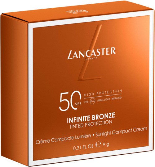Lancaster aurinkovoiteen laatikko oranssina, SPF 50, korkea suoja ja sävytetty kerma.