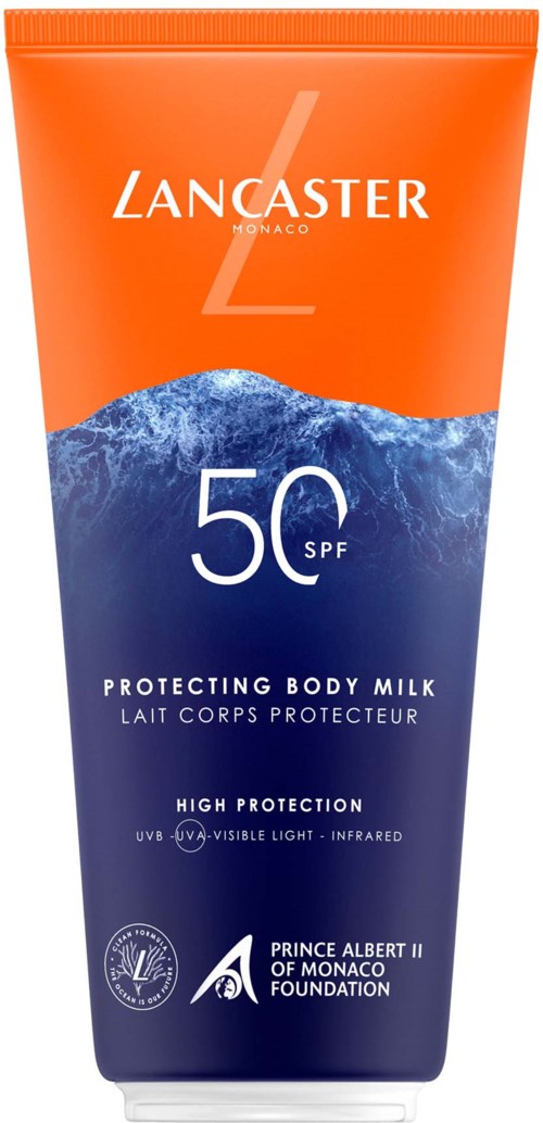 En tub med Lancaster solskyddande kroppsmjölk med SPF 50, orange och blå färger, och logotyptext.