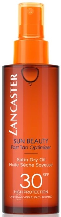En flaske Lancaster Sun Beauty olie med SPF 30 til solbrænder, i orange og brune farver.
