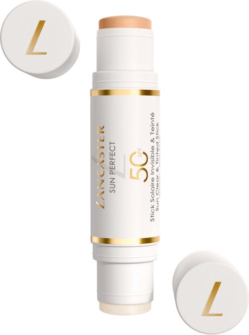 Eine weiße Sonnenschutz-Creme mit goldenen Akzenten und 'SPF 50+'-Label, flankiert von zwei runden Behältern mit 'L'-Logos.