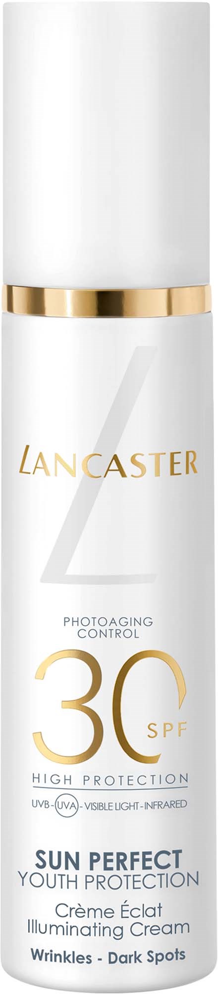 Lancaster Sonnencremeflasche mit SPF 30, weiß und goldenes Design, bietet Sonnenschutz und glättet die Haut.
