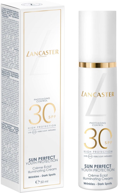 Lancaster Sun Perfect Youth Protection SPF 30 Flasche und Verpackung, weiß mit goldenen Akzenten.
