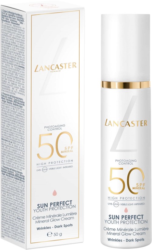Lancaster Sun Perfect Youth Protection mineralinen hehkukreemi SPF 50, valkoinen pumppupullo ja pakkaukset.