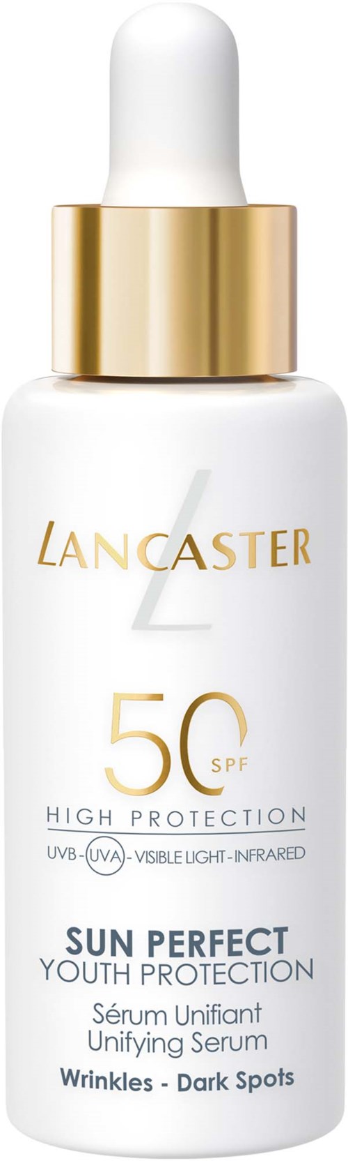 Eine weiße Sonnencremeflasche mit goldenen Akzenten, Marke Lancaster, SPF 50, für hohen Schutz und Jugenderhaltung.