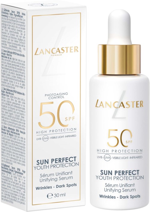 Lancaster Sun Perfect Youth Protection Serum mit SPF 50, gegen Falten und dunkle Flecken, in weißer und goldener Flasche.