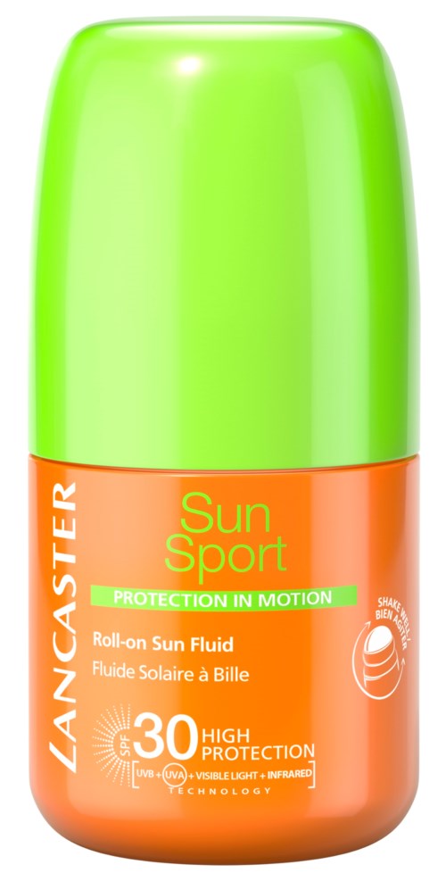 En roll-on solbeskyttelsesprodukt i en grøn og orange flaske, der giver SPF 30 beskyttelse.