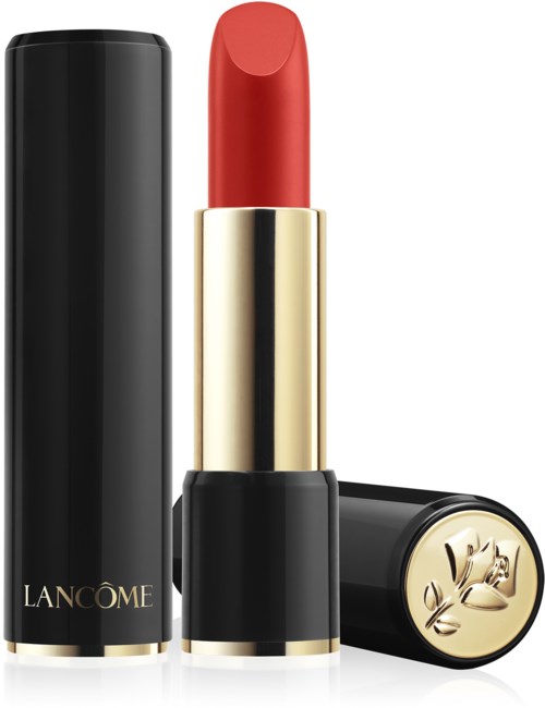 A red lipstick in a black and gold case, with the cap off showing the lipstick. The base has a gold floral design.