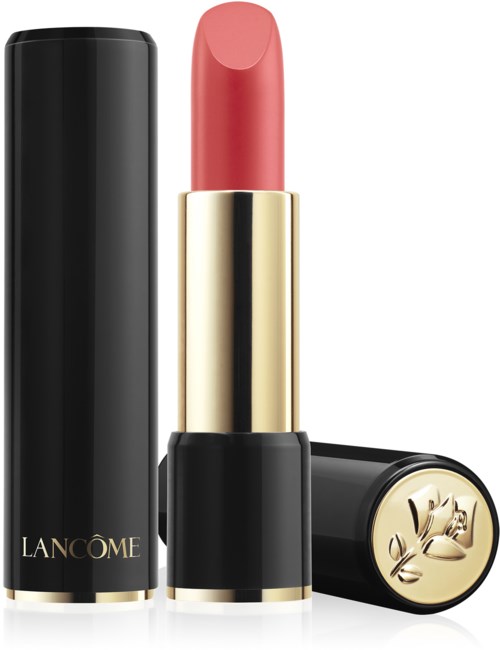 A pink lipstick in a black and gold case, with the cap removed and lying beside it.